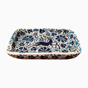 Vintage Greek Nassos Blue Handmade Ceramic Ashtray with Deer and Flower Ornament from Rodos Ceramics