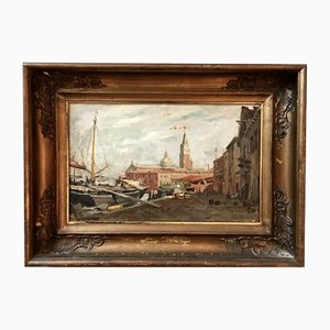 Paisaje de Venecia, década de 1800, óleo sobre lienzo, enmarcado