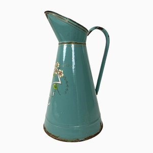 French Enamel Water Jug with Flower Decor, 1930s