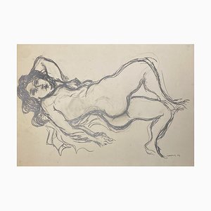 André Cottavoz, Lying Nude, 1974, Dessin Original au Fusain