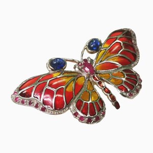 Butterfly Brooch in Gold and Silver with Ruby, Sapphire & Enamel
