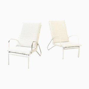 Mid-Century Italian Garden Armchairs in White Iron with Fabric Cushions, 1960s, Set of 2