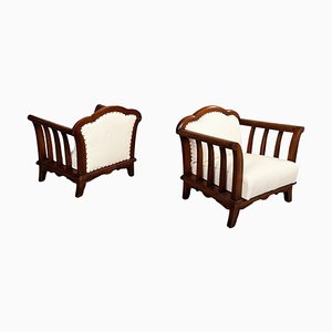 Italian Modern Wooden Armchairs with White Fabric, 1940s, Set of 2