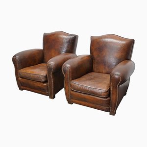 French Club Chairs in Cognac Leather with Moustache Back, 1940s, Set of 2