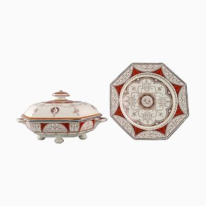 Antike englische Terrine und Teller aus Porzellan mit Deckel, 2er Set