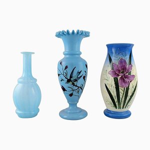 Antique Vases in Hand-Painted Mouth-Blown Opal Art Glass in Shades of Blue, Set of 3