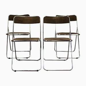 Italian Folding Chairs in Brown Velvet and Chrome, 1970s, Set of 4