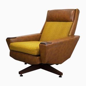 Sillón Mid-Century de cuero marrón y tela texturizada mostaza, años 70