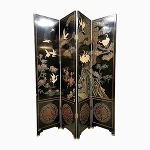 Asian Lacquered Room Divider Depicting Crane Birds