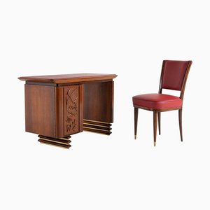 Italian Modern Desk in Carved Walnut and Rosewood with Side Chair