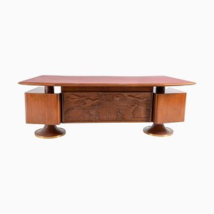 Italian Modern Boomerang Desk in Carved Walnut and Rosewood with Armchair