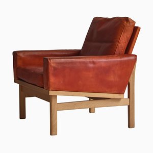 Easy Chair in Oak & Patinated Natural Leather by Poul Volther & Erik Jørgensen for FDB, 1961