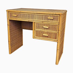Mid-Century Bamboo, Wood and Rattan Writing Desk with Drawers, Italy, 1970s