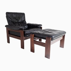 Mid-Century Danish Teak Rosewood & Black Leather Armchair and Footstool from Skipper Mobler, 1970s, Set of 2