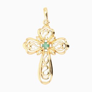 18 Karat Yellow Gold Cross Pendant with French Modern Emerald