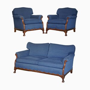 Canapé et Fauteuil Victorien en Tissu d'Ameublement Bleu avec Pieds Griffes et Boules, Set de 3