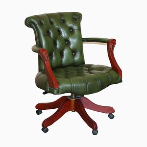 Fully Buttoned Green Leather Chesterfield Captains Directors Armchair