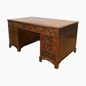 Vintage Brown Leather Top & Keys Gold Tooled Twin Pedestal Partner Desk