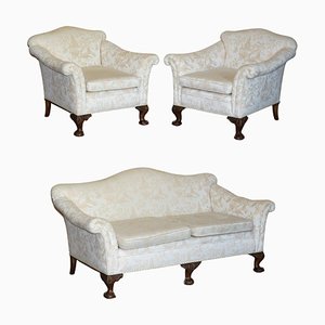Antique Victorian Chinoiserie Upholstery Sofa & Armchair Suite with Claw & Ball Feet, Set of 3