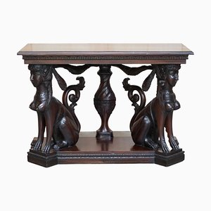 Egyptian Revival Heavily Carved Console Table with Twin Sphinx Pillars