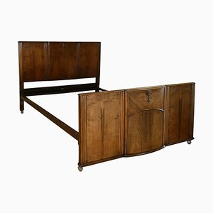 Art Deco Walnut Brown Double Frame Bed on Wheels from C.W.S