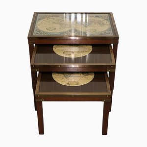 Mahogany Military Campaign Nest of Tables with World Map, Set of 2