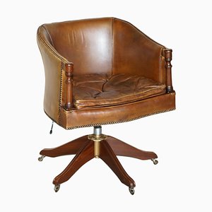 Vintage Hand Dyed Aged Brown Leather Captains Chesterfield Swivel Armchair