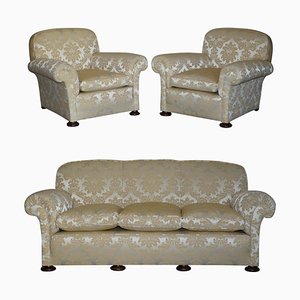 Victorian Damask Upholstery Sofa & Armchair Club Suite with Turned Bun Feet, Set of 3