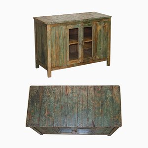 Antique Green Distressed Hand Painted Sideboard Cupboard Cabinet, 1900s