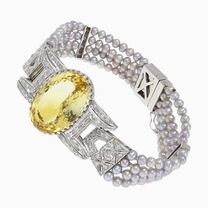 Topaz Diamond Gray Pearl Gold Bracelet