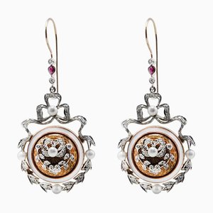 Emblem Diamond Ruby Pearl and White Gold Earrings, Set of 2