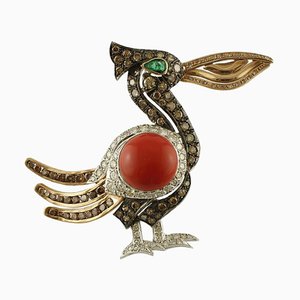 Broche en Forme d'Oiseau en Or Blanc et Rose 14k avec Diamants et Corail Rouge