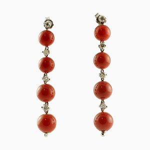 Dangle Earrings in 14K White Gold with Red Coral Spheres and White Diamonds, Set of 2