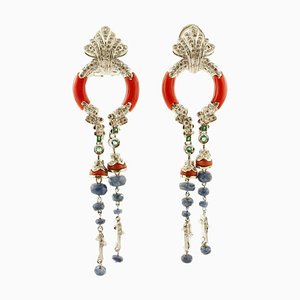 Handcrafted Clip-On Earrings in 14K White Gold with Diamonds Blue Sapphires Emeralds and Coral