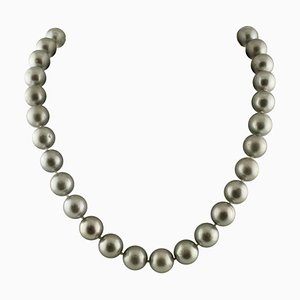 White Gold Clasp Beaded Necklace with Diamonds and Silver Pearls