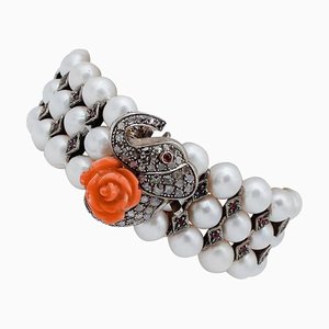 Beaded Bracelet in 9K Rose Gold and Silver with Diamonds Coral Rubies and Pearls