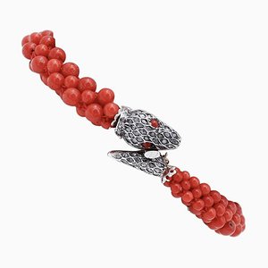 Snake Bracelet in 9K Rose Gold and Silver with Coral and Diamonds