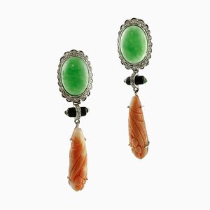 Antique Handcrafted Earrings in 14K Gold with Diamonds Emeralds Onyx Jade and Orange Engraved Coral