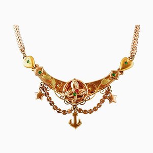 Necklace in 9K Rose Gold with Colored Stones and Little Pearls