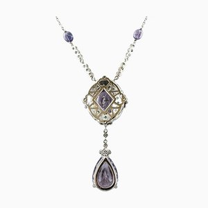 Pendant Necklace in 14K White Gold with Diamonds Emeralds and Amethysts