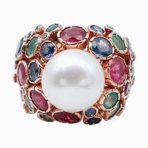 Bague en Or Rose 14K avec Perle des Mers du Sud, Emeraudes, Saphirs, Rubis et Diamants