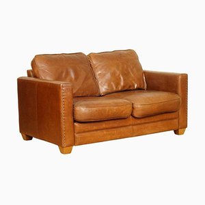 Vintage Brown Leather Sofa with Studded Arms