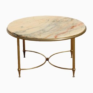 French Hollywood Regency Round Marble and Brass Coffee Table