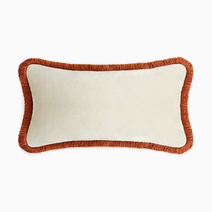 White Velvet With Brick Fringes Rectangle Happy Pillow from Lo Decor