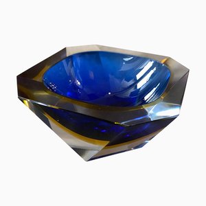 Blue & Yellow Sommerso Faceted Murano Glass Ashtray by Seguso, 1970s