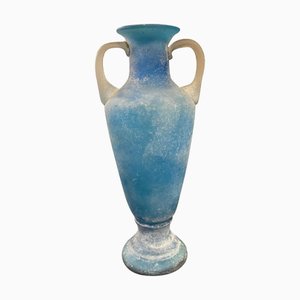 Blue & White Scavo Murano Glass Amphora Vase, 1960s