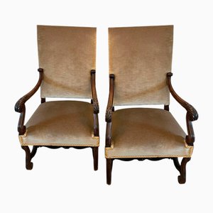 Large Antique French Victorian Walnut Armchairs, Set of 2