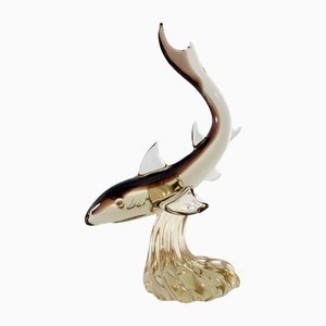 Großer italienischer Vintage Hai aus braunem und bernsteinfarbenem Muranoglas von Seguso