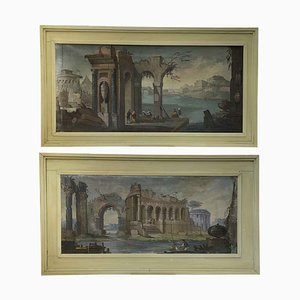 Architectural Paintings, Oil on Canvas, Framed, Set of 2