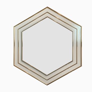 White Lacquer and Gold Hexagonal Mirror Attributed to Jean Claude Mahey, 1970s